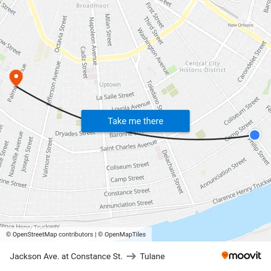 Jackson Ave. at Constance St. to Tulane map