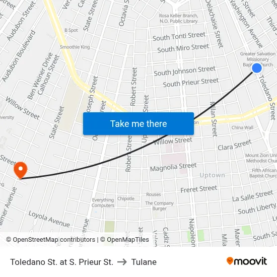 Toledano St. at S. Prieur St. to Tulane map