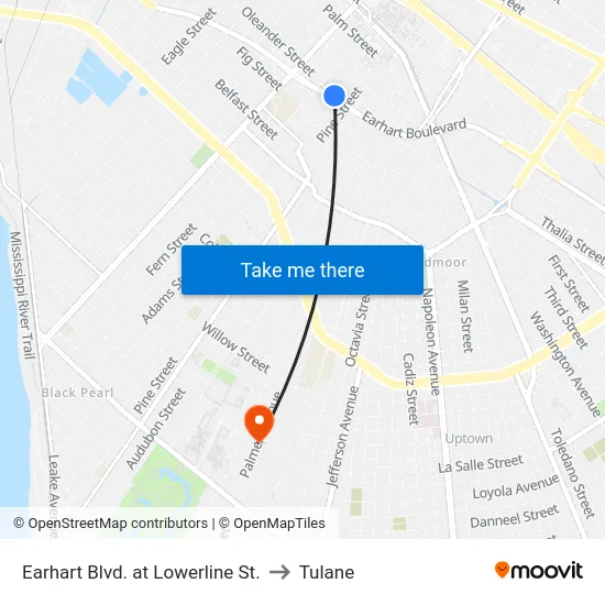 Earhart Blvd. at Lowerline St. to Tulane map