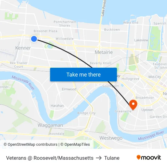 Veterans @ Roosevelt/Massachusetts to Tulane map