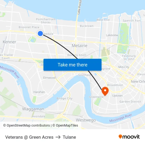 Veterans @ Green Acres to Tulane map