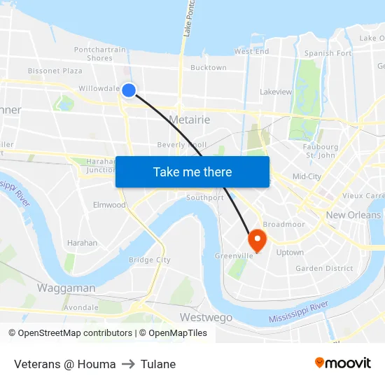 Veterans @ Houma to Tulane map