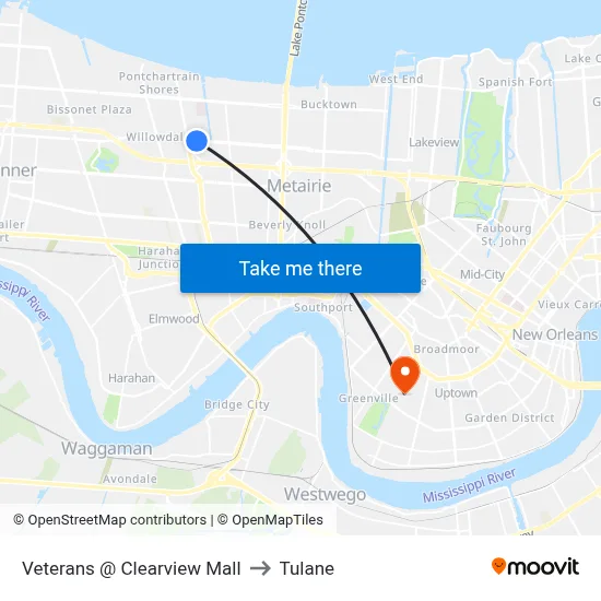 Veterans @ Clearview Mall to Tulane map