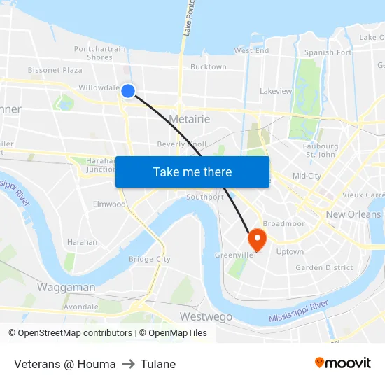 Veterans @ Houma to Tulane map