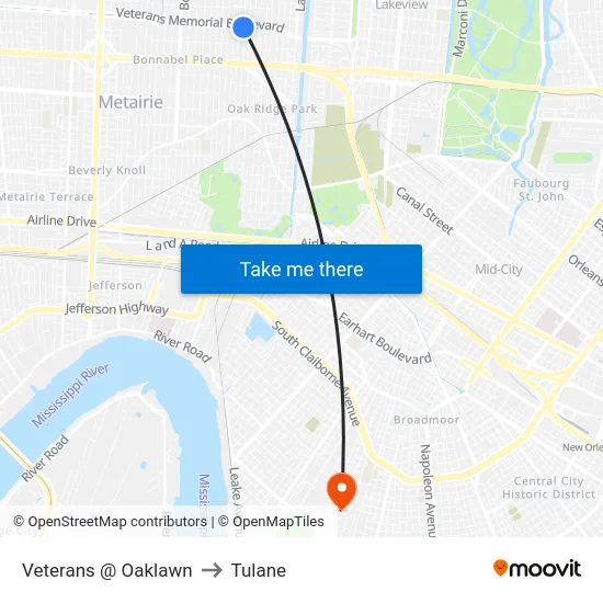 Veterans @ Oaklawn to Tulane map