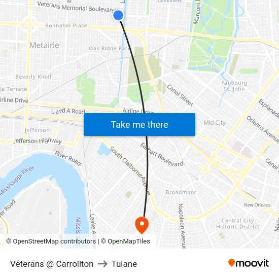 Veterans @ Carrollton to Tulane map