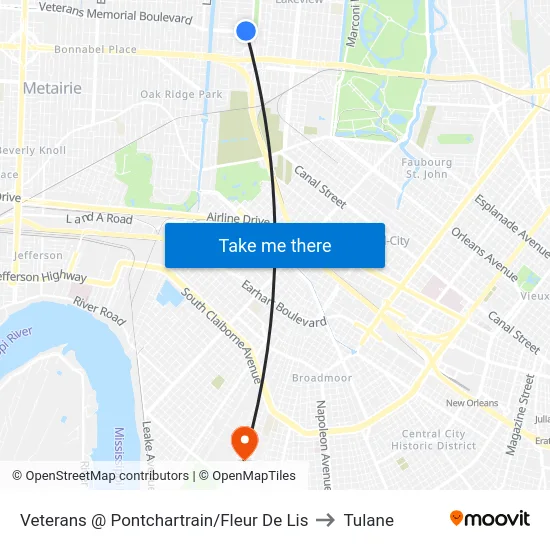 Veterans @ Pontchartrain/Fleur De Lis to Tulane map