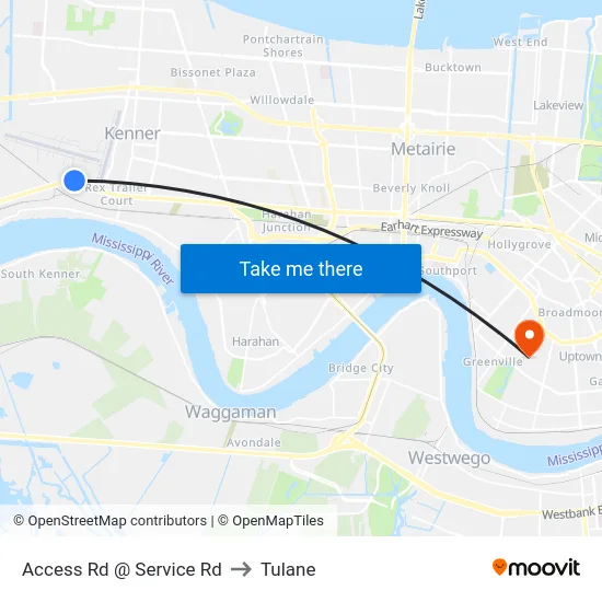 Access Rd @ Service Rd to Tulane map