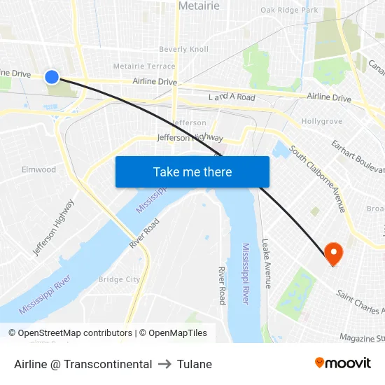Airline @ Transcontinental to Tulane map