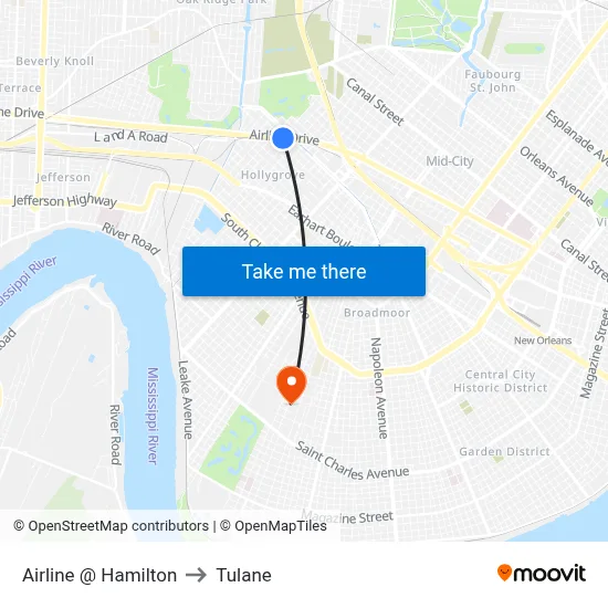 Airline @ Hamilton to Tulane map