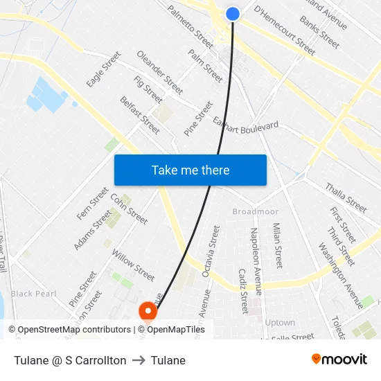 Tulane @ S Carrollton to Tulane map