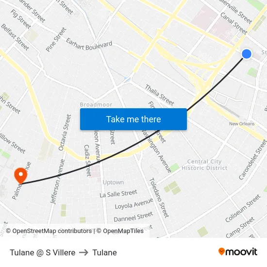 Tulane @ S Villere to Tulane map
