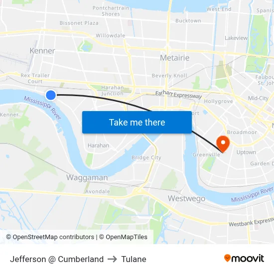 Jefferson @ Cumberland to Tulane map