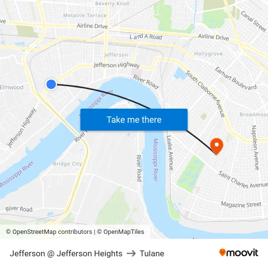 Jefferson @ Jefferson Heights to Tulane map