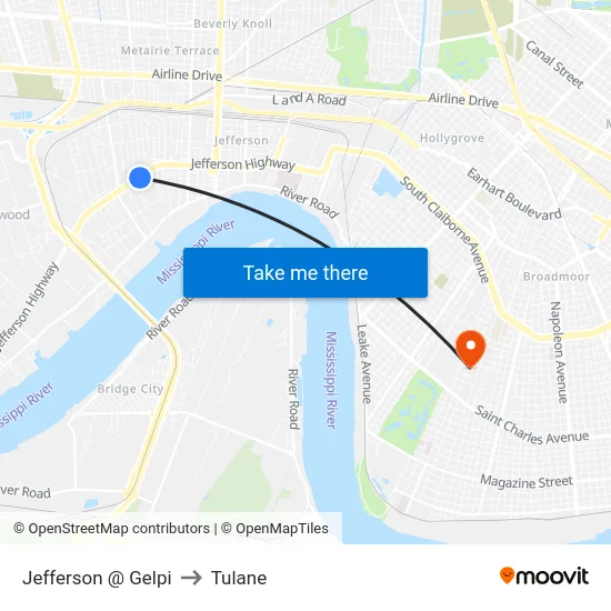 Jefferson @ Gelpi to Tulane map