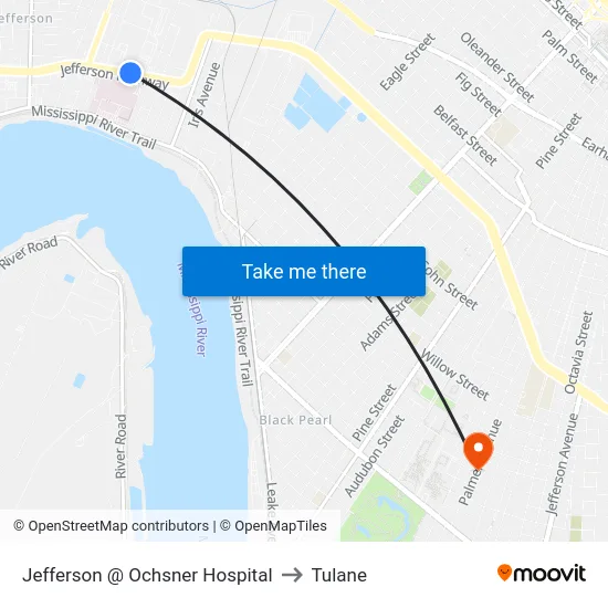 Jefferson @ Ochsner Hospital to Tulane map
