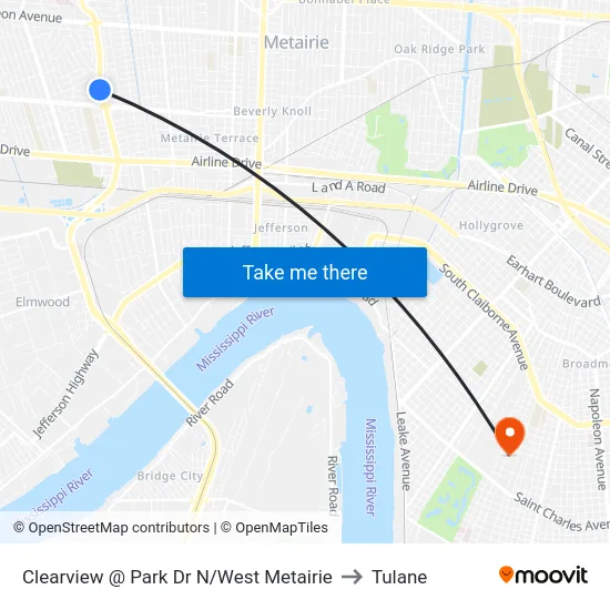 Clearview @ Park Dr N/West Metairie to Tulane map