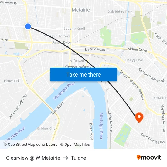 Clearview @ W Metairie to Tulane map