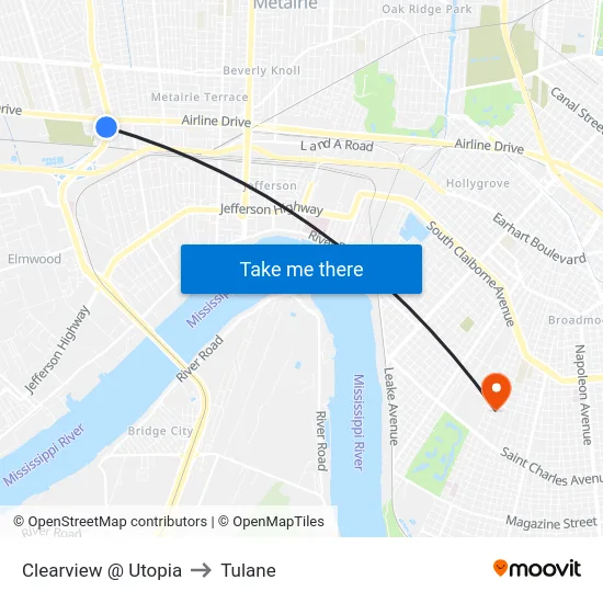 Clearview @ Utopia to Tulane map