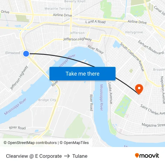 Clearview @ E Corporate to Tulane map