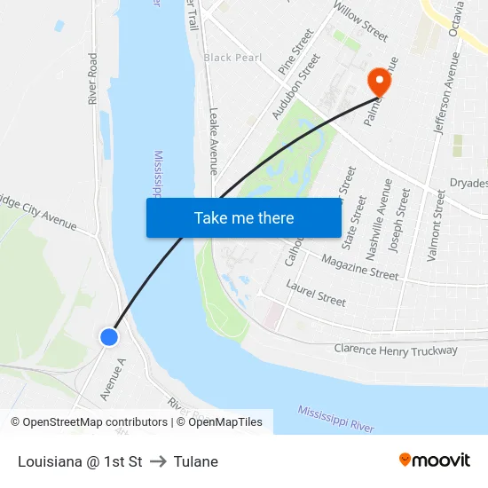 Louisiana @ 1st St to Tulane map