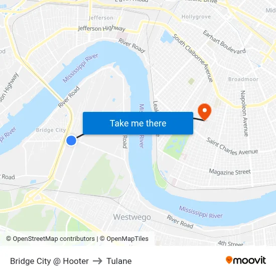 Bridge City @ Hooter to Tulane map