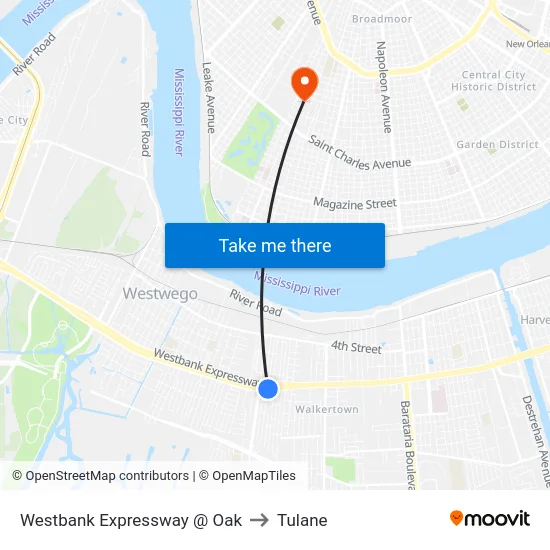 Westbank Expressway @ Oak to Tulane map