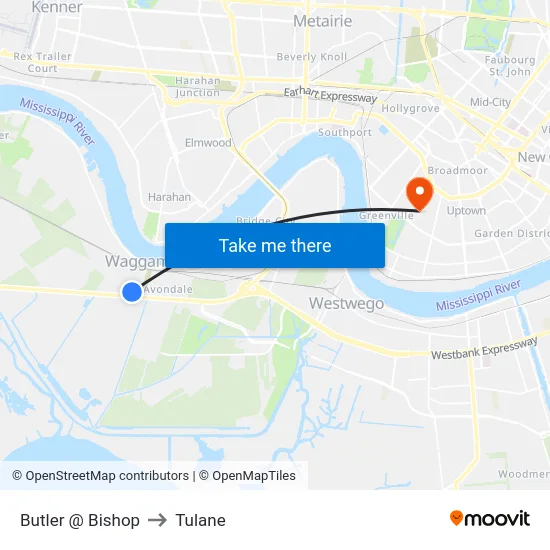 Butler @ Bishop to Tulane map