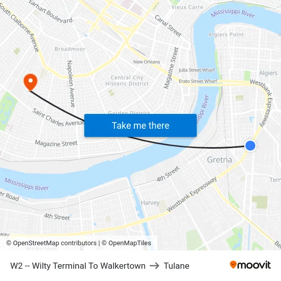 W2 -- Wilty Terminal To Walkertown to Tulane map