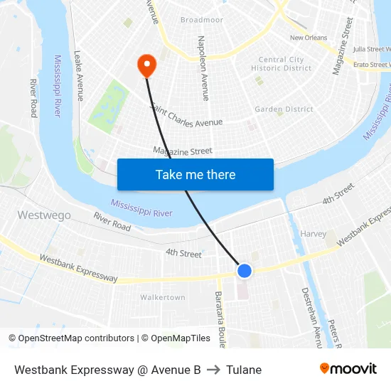 Westbank Expressway @ Avenue B to Tulane map