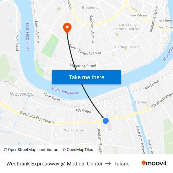Westbank Expressway @ Medical Center to Tulane map