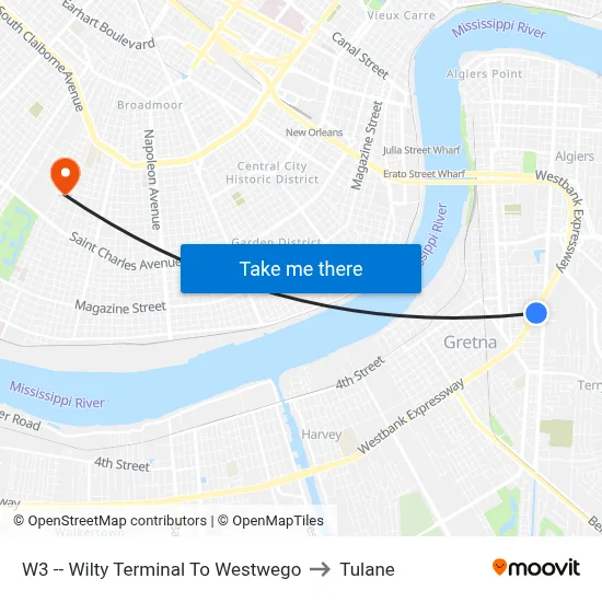 W3 -- Wilty Terminal To Westwego to Tulane map