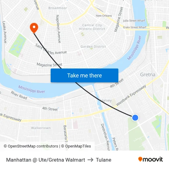 Manhattan @ Ute/Gretna Walmart to Tulane map