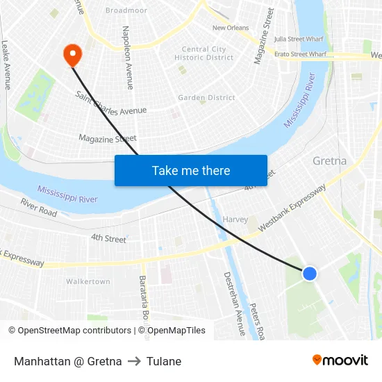 Manhattan @ Gretna to Tulane map