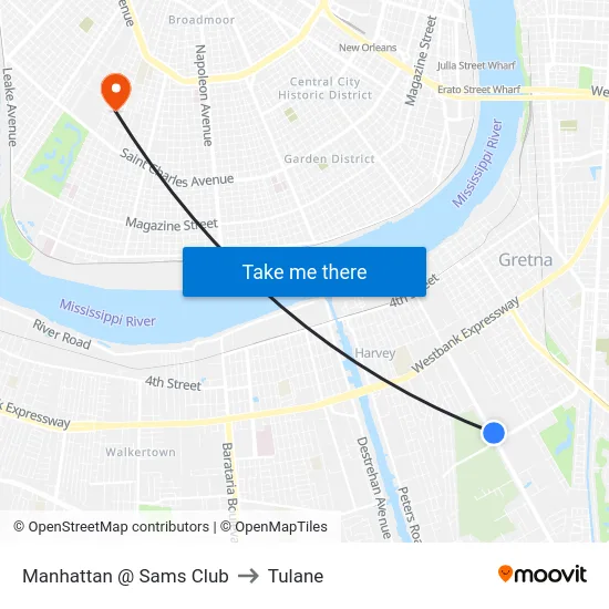 Manhattan @ Sams Club to Tulane map