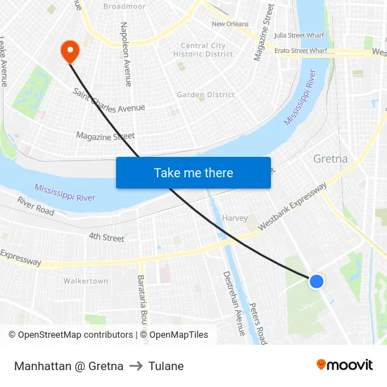 Manhattan @ Gretna to Tulane map