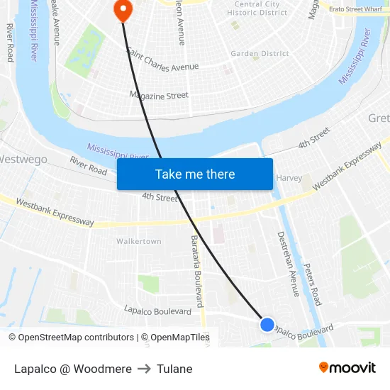 Lapalco @ Woodmere to Tulane map
