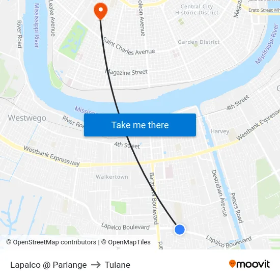 Lapalco @ Parlange to Tulane map