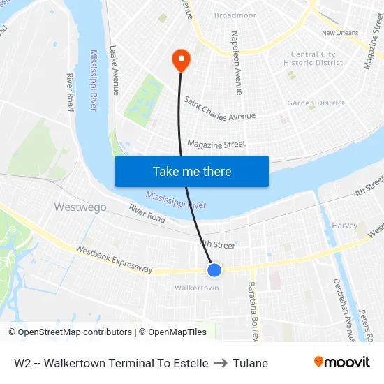 W2 -- Walkertown Terminal To Estelle to Tulane map