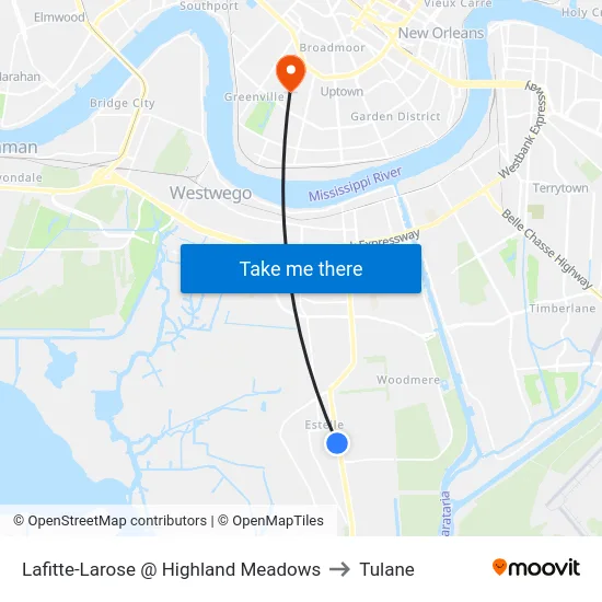 Lafitte-Larose @ Highland Meadows to Tulane map