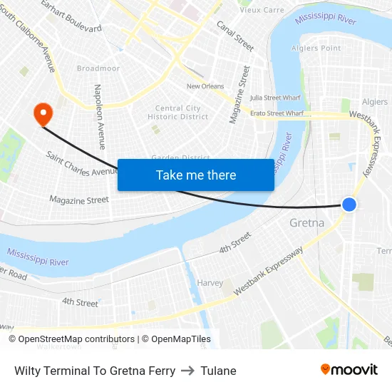 Wilty Terminal To Gretna Ferry to Tulane map
