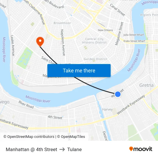 Manhattan @ 4th Street to Tulane map