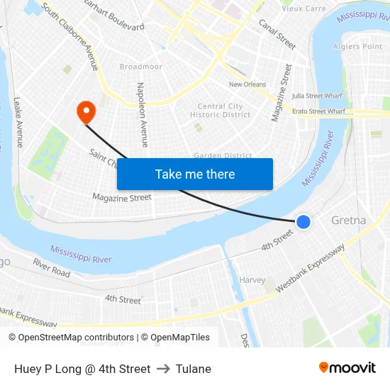 Huey P Long @ 4th Street to Tulane map