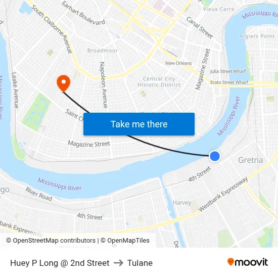 Huey P Long @ 2nd Street to Tulane map