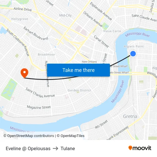 Eveline @ Opelousas to Tulane map