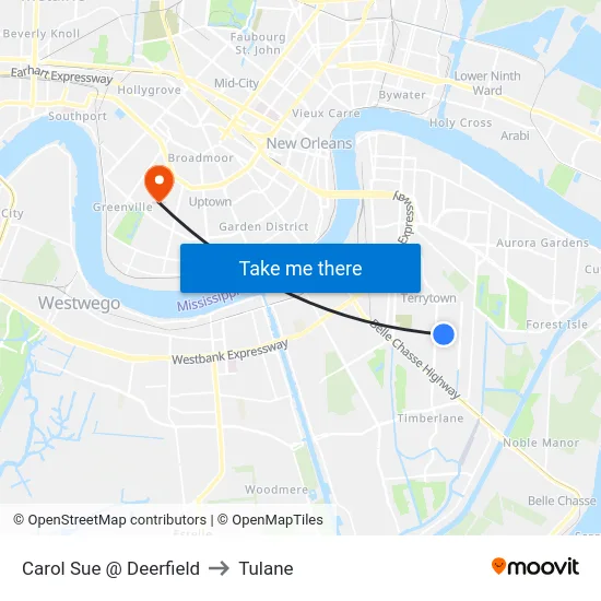 Carol Sue @ Deerfield to Tulane map