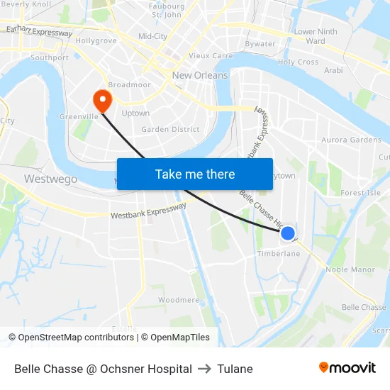 Belle Chasse @ Ochsner Hospital to Tulane map
