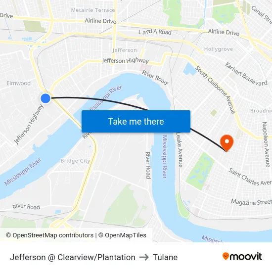 Jefferson @ Clearview/Plantation to Tulane map