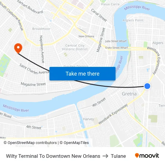 Wilty Terminal To Downtown New Orleans to Tulane map