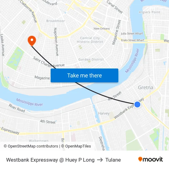 Westbank Expressway @ Huey P Long to Tulane map